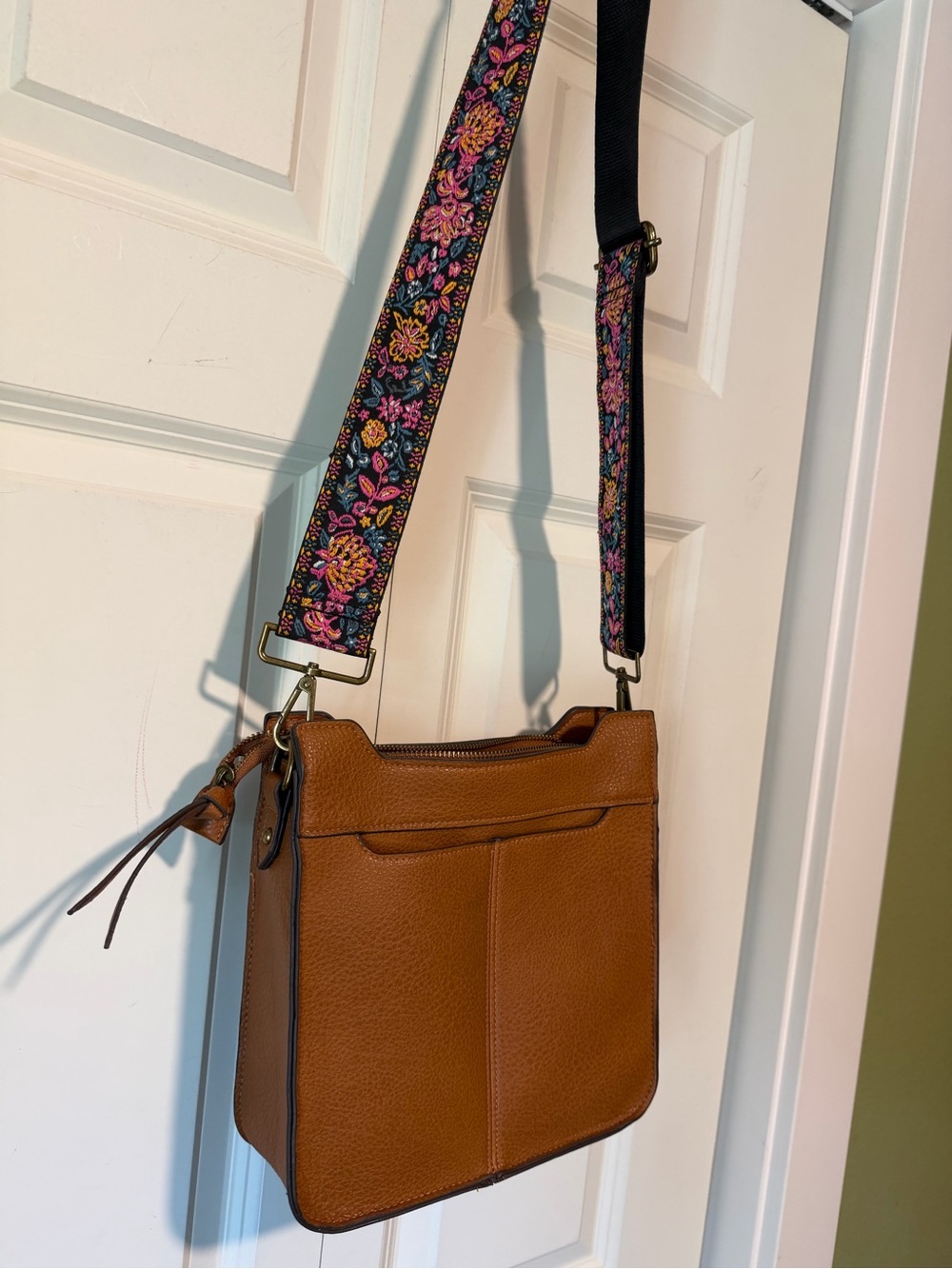 Women’s Tan Crossbody Bag with Floral Adjustable Strap